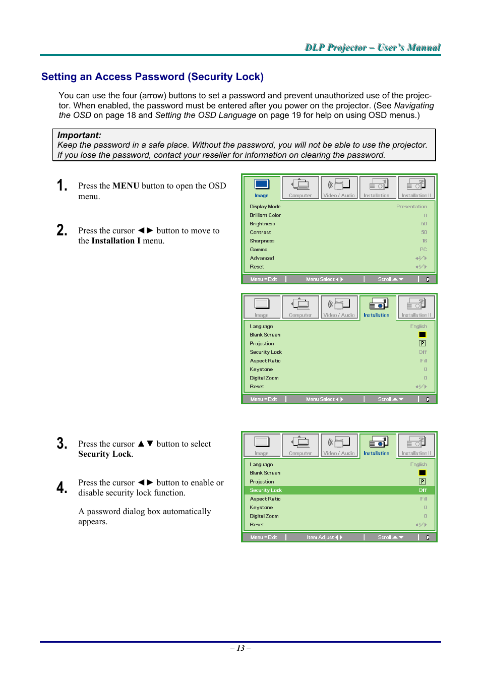 Setting an access password (security lock), Etting an, Ccess | Assword, Ecurity | Vivitek D9 User Manual | Page 19 / 60