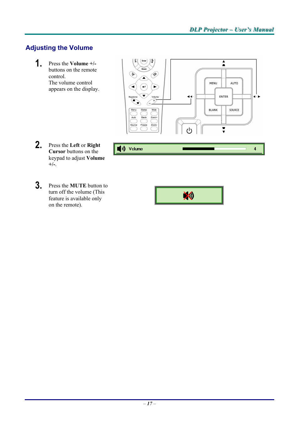 Adjusting the volume, Djusting the, Olume | Vivitek D9 User Manual | Page 23 / 60