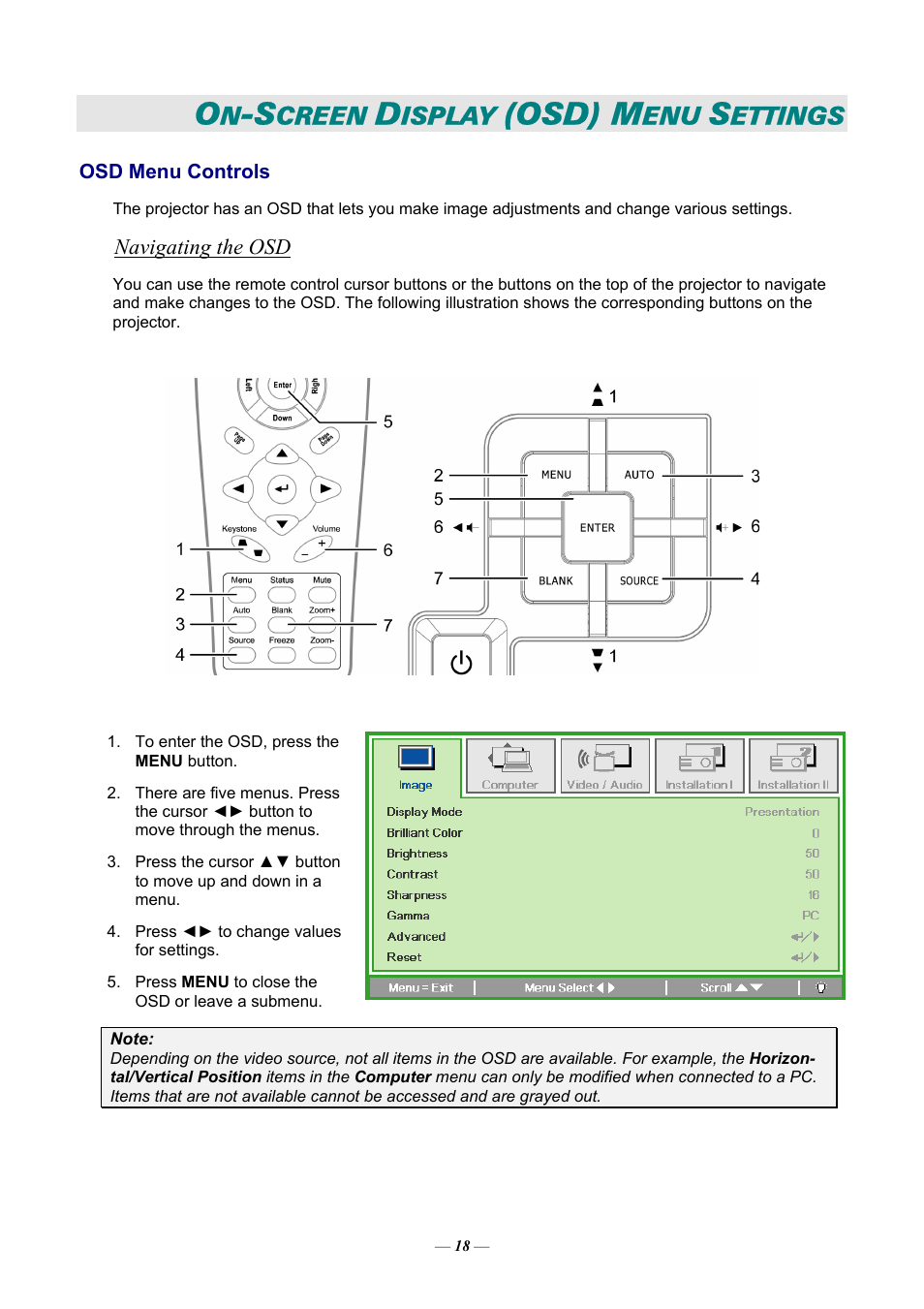 On-screen display (osd) menu settings, Osd menu controls, Navigating the osd | Osd m, Ontrols, Osd) m, Creen, Isplay, Ettings | Vivitek D9 User Manual | Page 24 / 60
