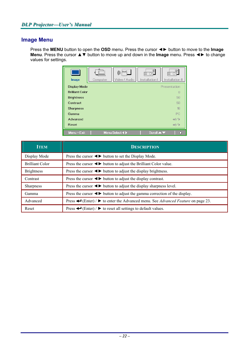 Image menu, Mage | Vivitek D9 User Manual | Page 28 / 60