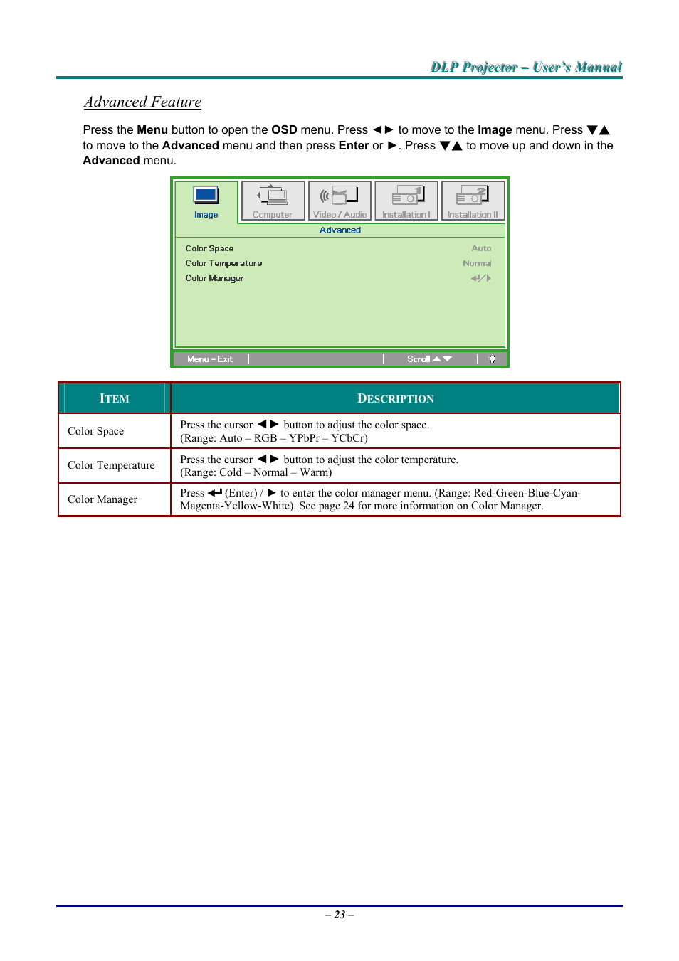 Advanced feature | Vivitek D9 User Manual | Page 29 / 60