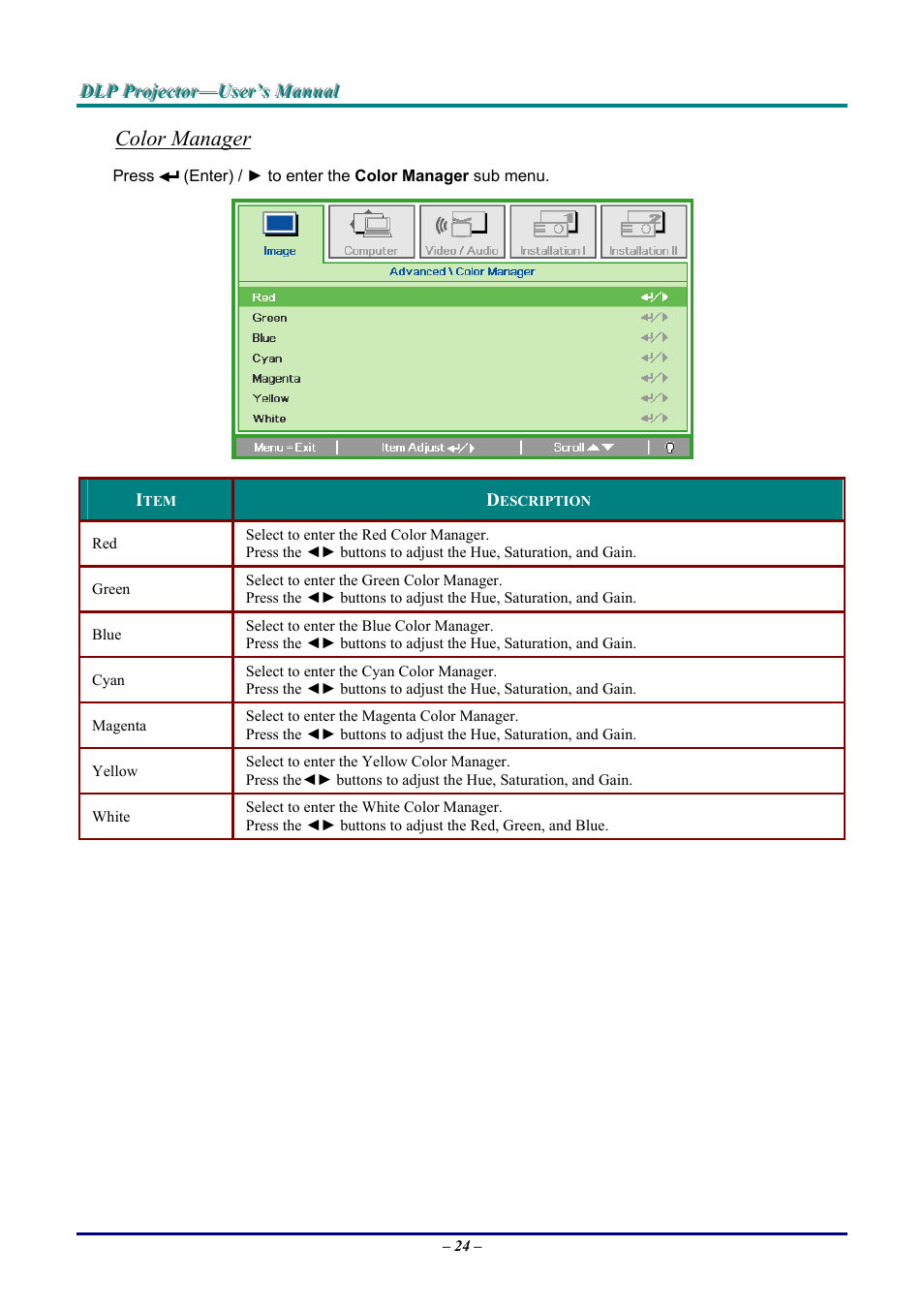 Color manager | Vivitek D9 User Manual | Page 30 / 60