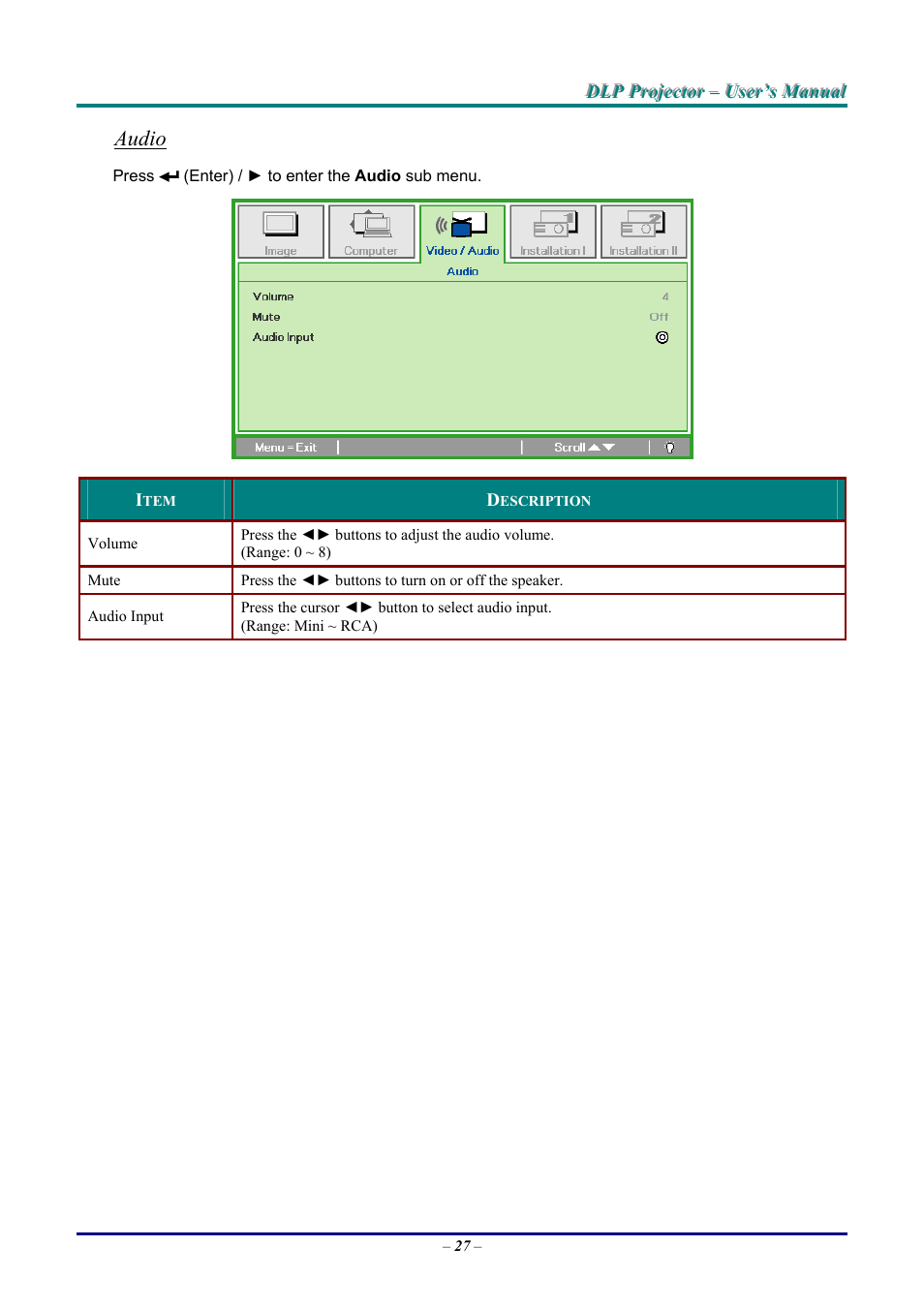 Audio | Vivitek D9 User Manual | Page 33 / 60