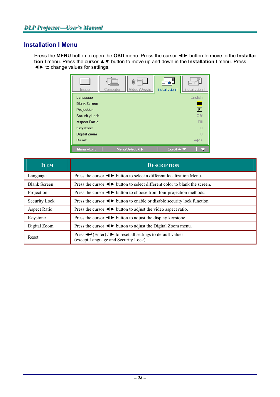 Installation i menu, Nstallation | Vivitek D9 User Manual | Page 34 / 60