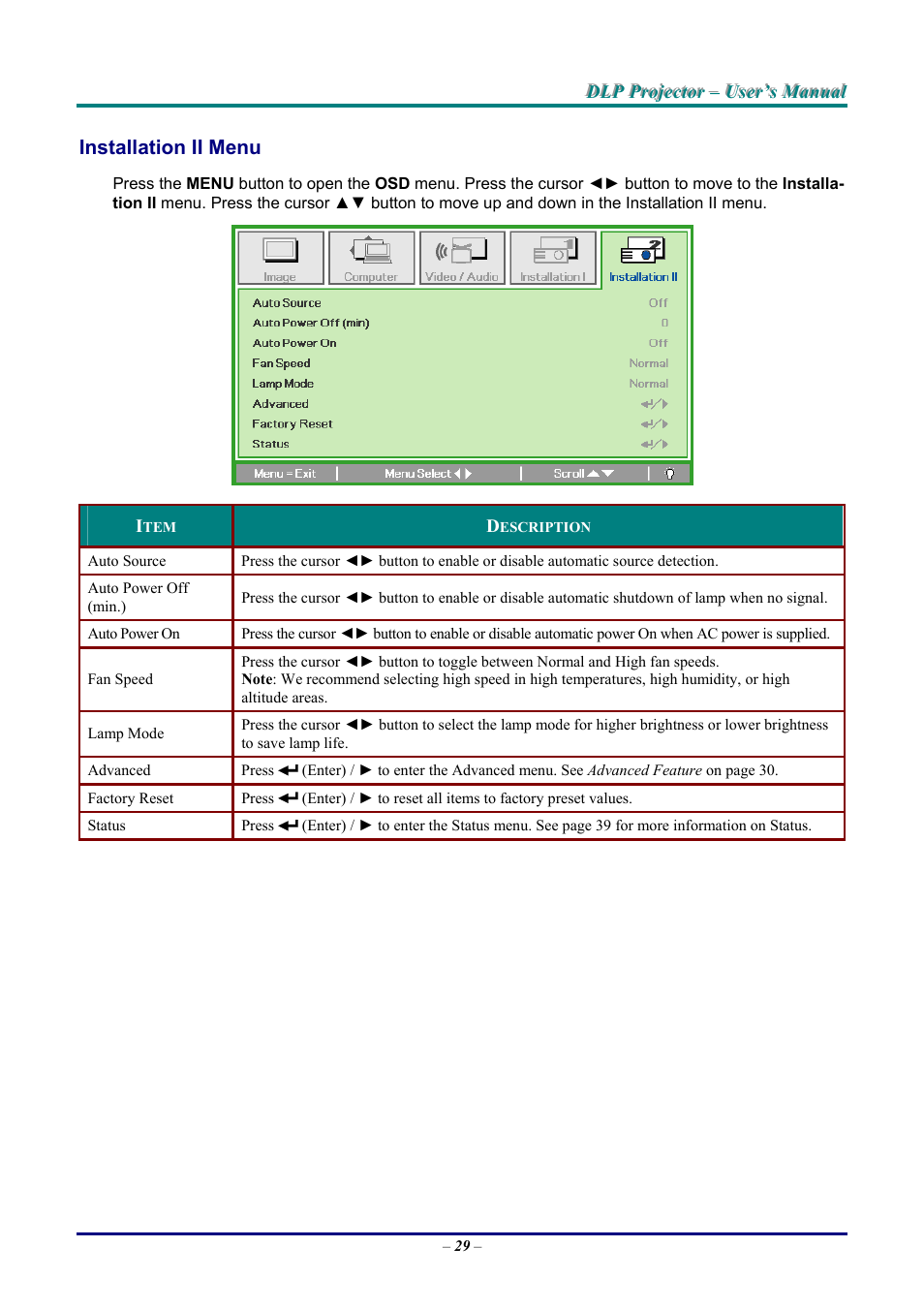 Installation ii menu, Nstallation, Ii m | Vivitek D9 User Manual | Page 35 / 60