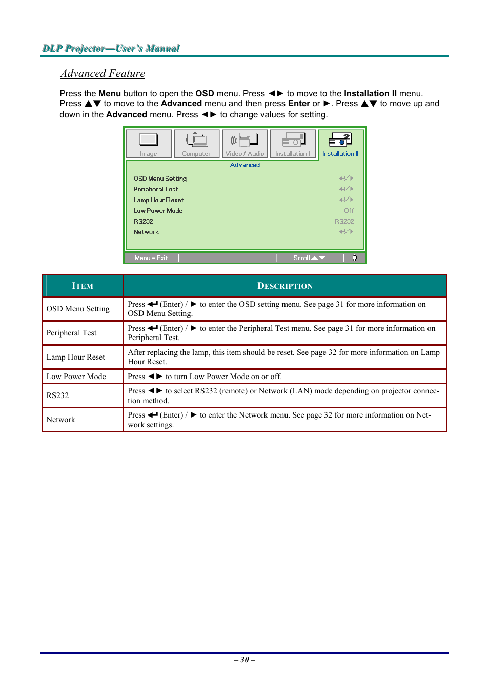 Advanced feature | Vivitek D9 User Manual | Page 36 / 60