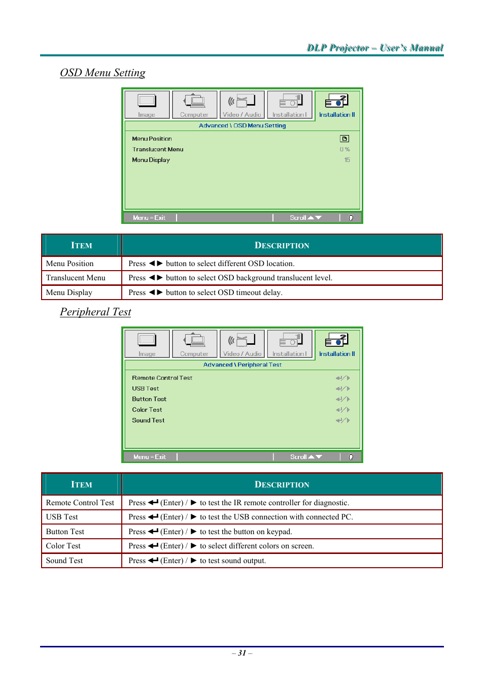 Osd menu setting, Peripheral test | Vivitek D9 User Manual | Page 37 / 60