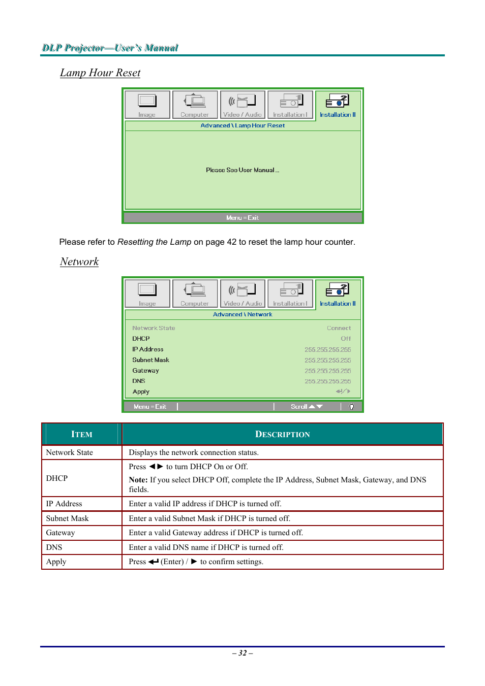 Lamp hour reset, Network | Vivitek D9 User Manual | Page 38 / 60