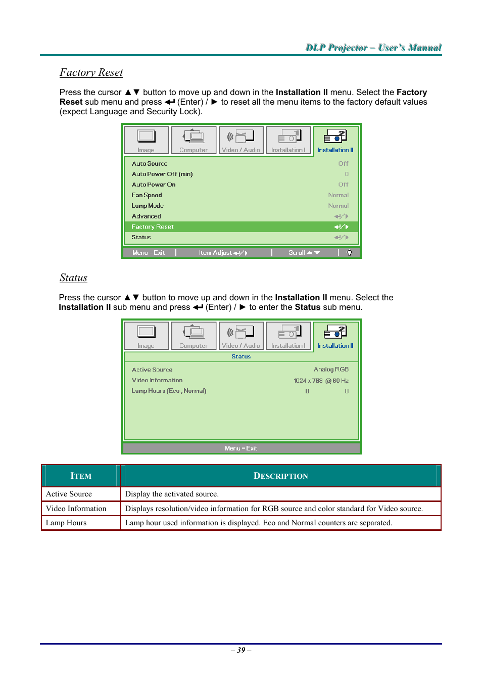 Factory reset, Status | Vivitek D9 User Manual | Page 45 / 60