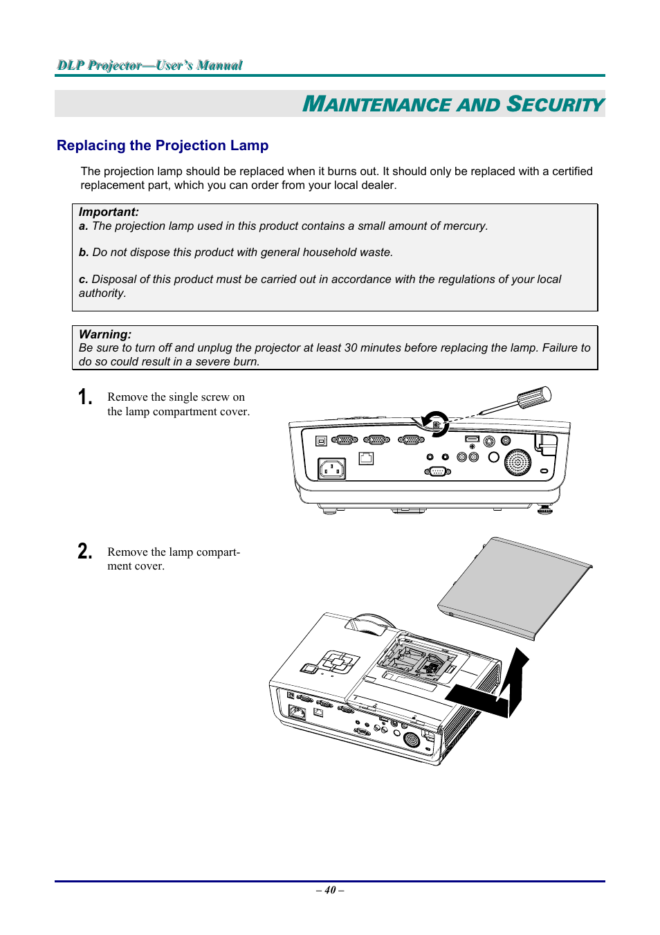 Maintenance and security, Replacing the projection lamp, Eplacing the | Rojection, Aintenance and, Ecurity | Vivitek D9 User Manual | Page 46 / 60