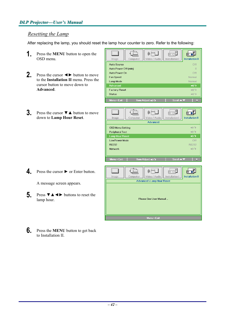 Resetting the lamp | Vivitek D9 User Manual | Page 48 / 60