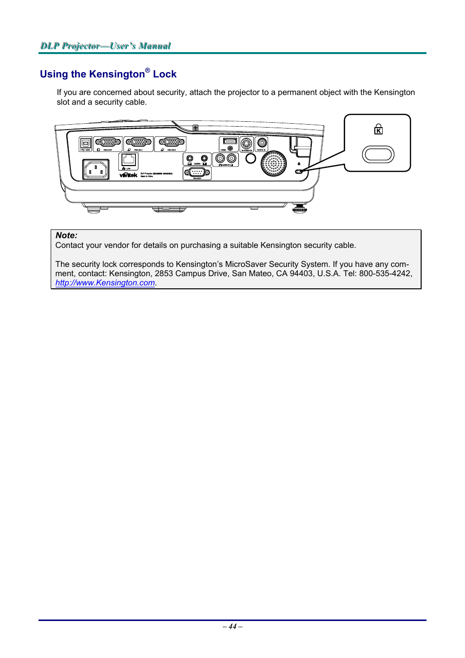 Using the kensington® lock, Sing the, Ensington | Vivitek D9 User Manual | Page 50 / 60