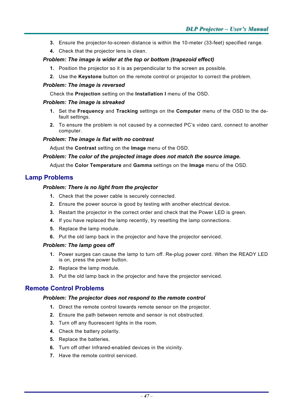 Lamp problems, Remote control problems, Roblems | Emote, Ontrol | Vivitek D9 User Manual | Page 53 / 60