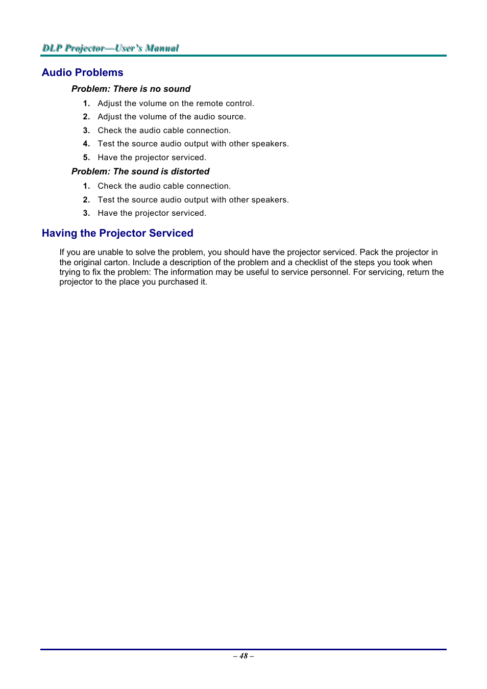 Audio problems, Having the projector serviced, Udio | Roblems, Aving the, Rojector, Erviced | Vivitek D9 User Manual | Page 54 / 60