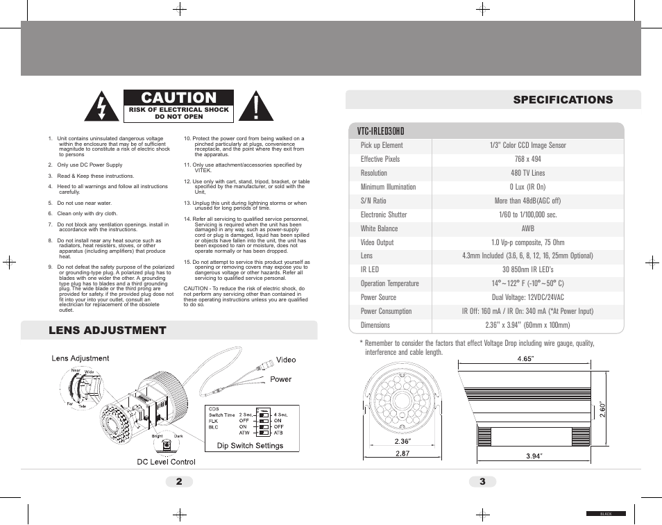 Caution, Lens adjustment, Vtc-irled30hd specifications | Vivitek VTC-IRLED30HD User Manual | Page 2 / 2