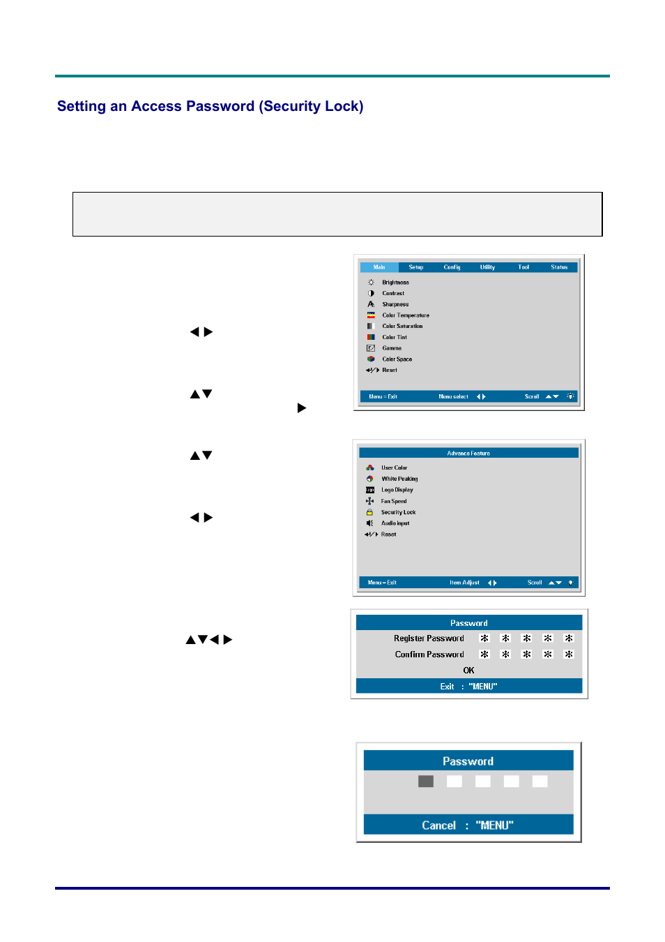 Setting an access password (security lock), Etting an, Ccess | Assword, Ecurity | Vivitek D732MX User Manual | Page 19 / 49