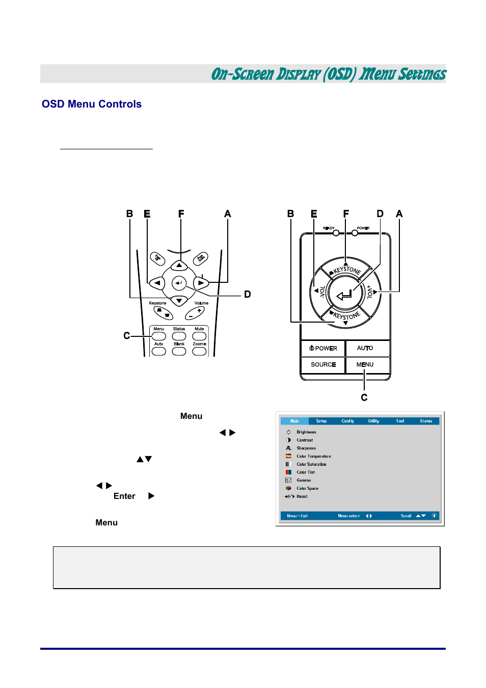 On-screen display (osd) menu settings, Osd menu controls, Navigating the osd | Osd m, Ontrols, Osd) m, Creen, Isplay, Ettings | Vivitek D732MX User Manual | Page 22 / 49