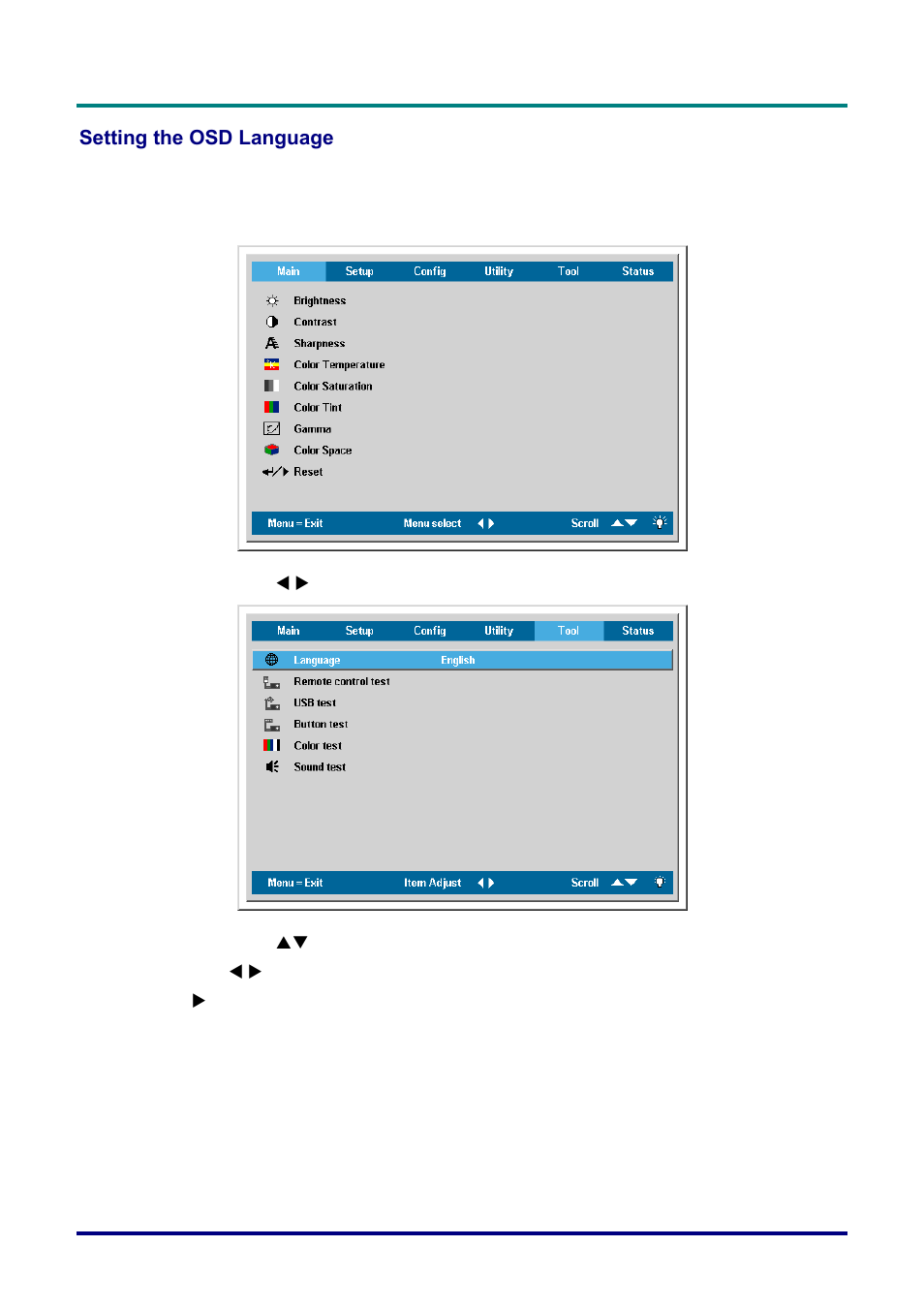 Setting the osd language, Etting the, Osd l | Anguage | Vivitek D732MX User Manual | Page 23 / 49