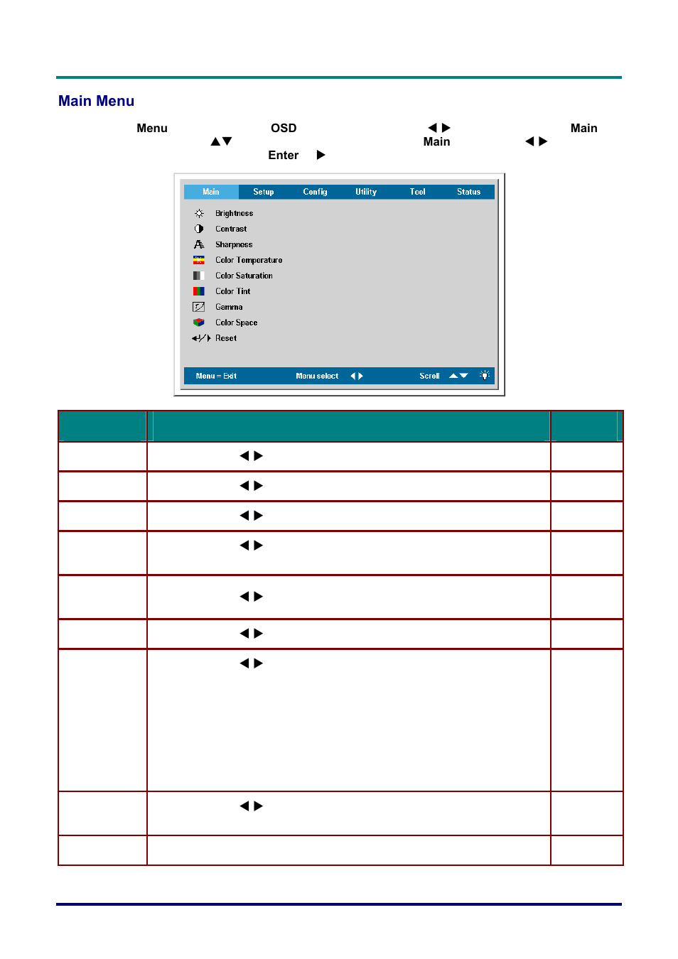 Main menu | Vivitek D732MX User Manual | Page 25 / 49