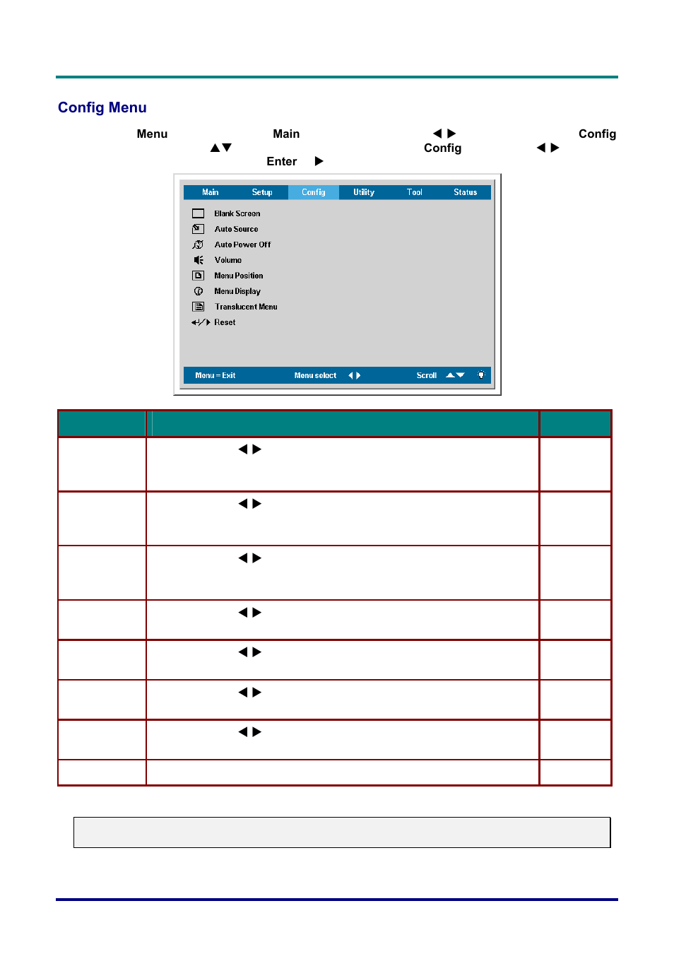 Config menu, Onfig | Vivitek D732MX User Manual | Page 31 / 49