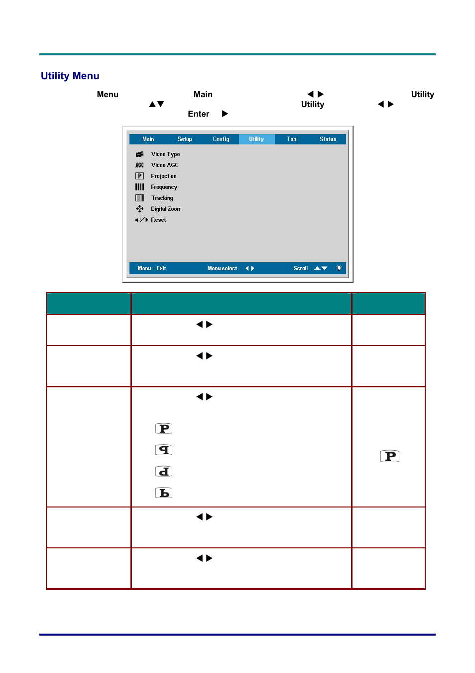 Utility menu, Tility | Vivitek D732MX User Manual | Page 32 / 49