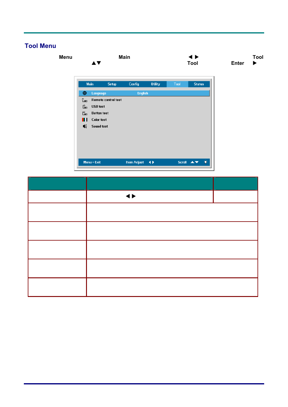 Tool menu | Vivitek D732MX User Manual | Page 34 / 49
