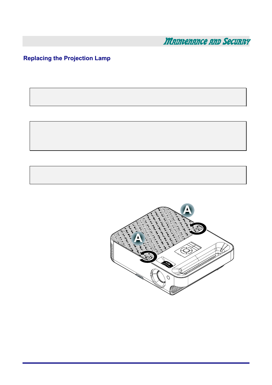 Maintenance and security, Replacing the projection lamp, Eplacing the | Rojection, Aintenance and, Ecurity | Vivitek D732MX User Manual | Page 36 / 49