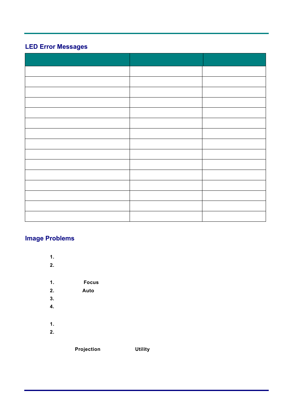 Led error messages, Image problems, Led e | Rror, Essages, Mage, Roblems | Vivitek D732MX User Manual | Page 42 / 49