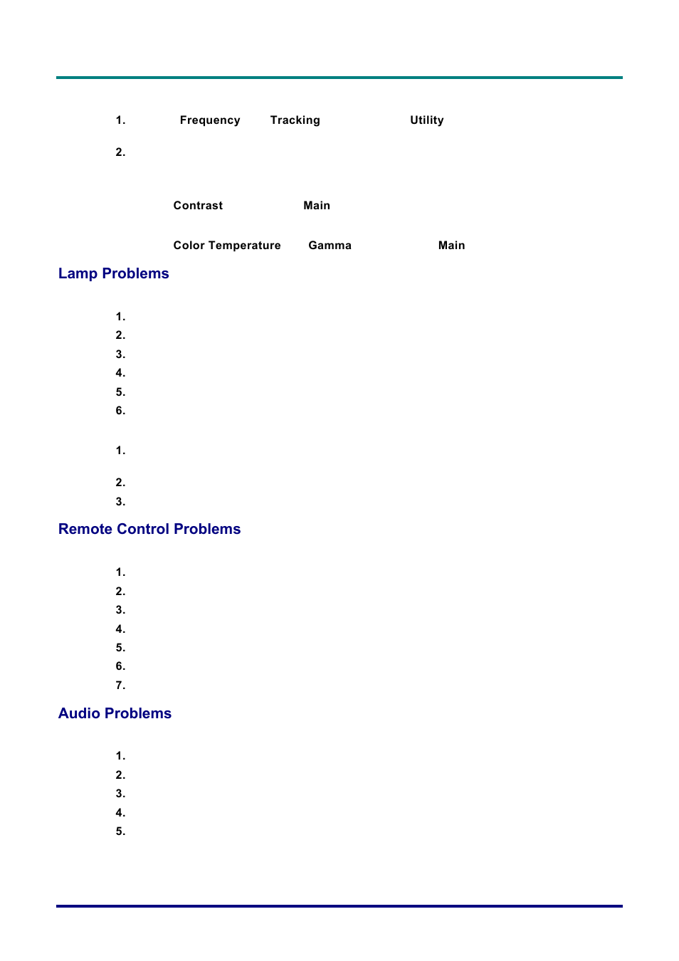 Lamp problems, Remote control problems, Audio problems | Roblems, Emote, Ontrol, Udio | Vivitek D732MX User Manual | Page 43 / 49