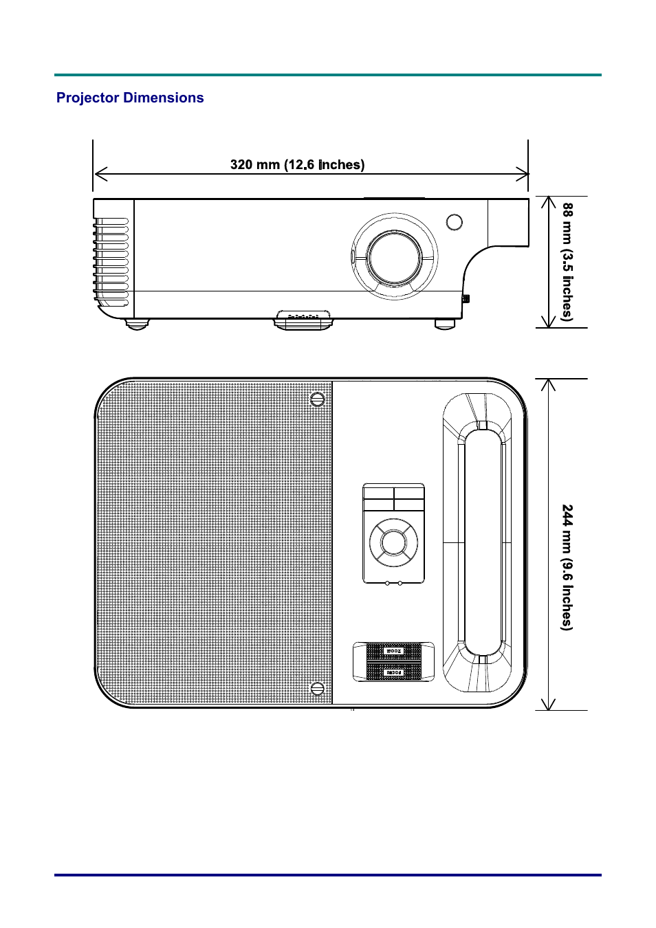 Projector dimensions, Rojector, Imensions | Vivitek D732MX User Manual | Page 48 / 49