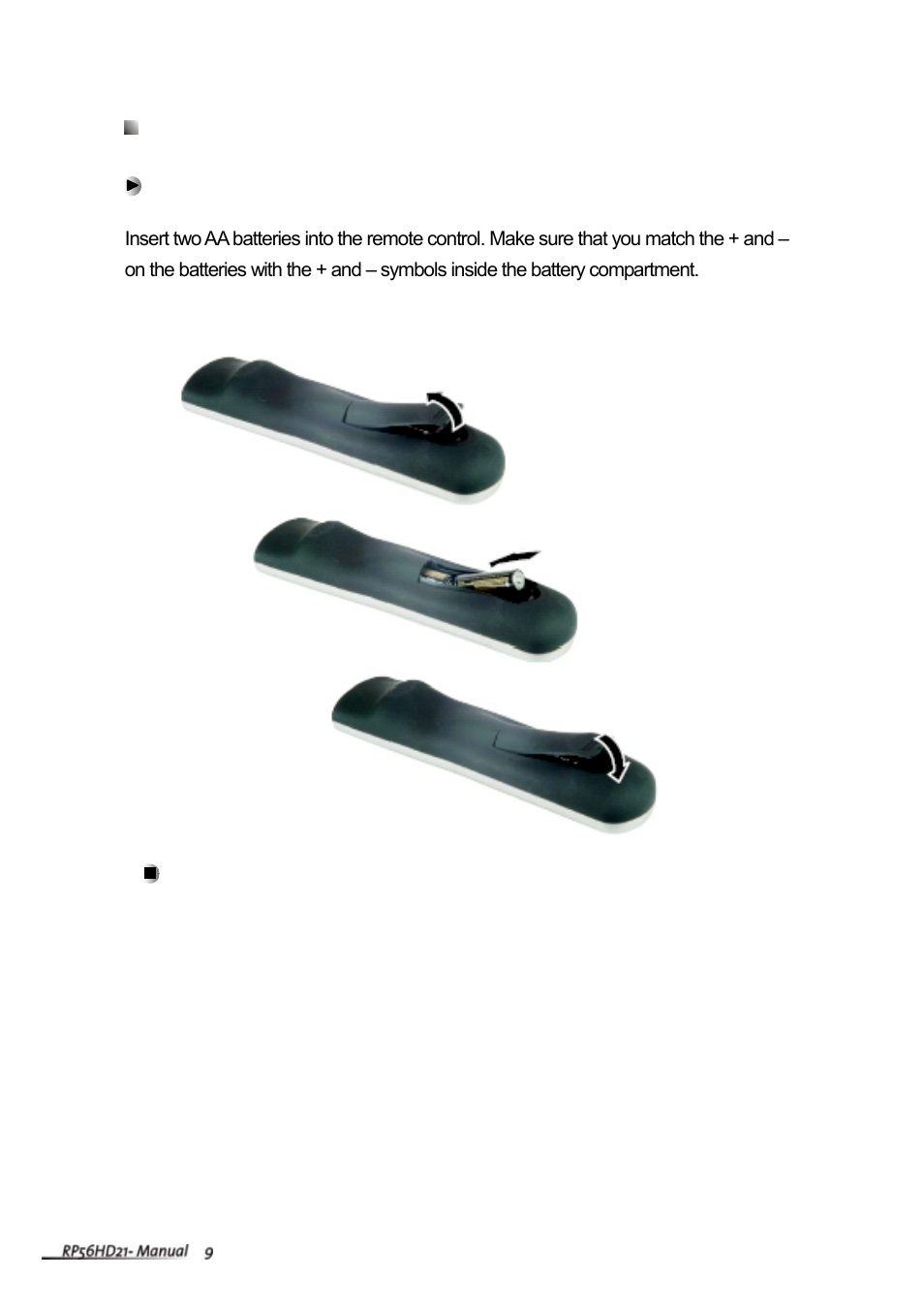 Inserting batteries | Vivitek RP56HD21-A User Manual | Page 11 / 38