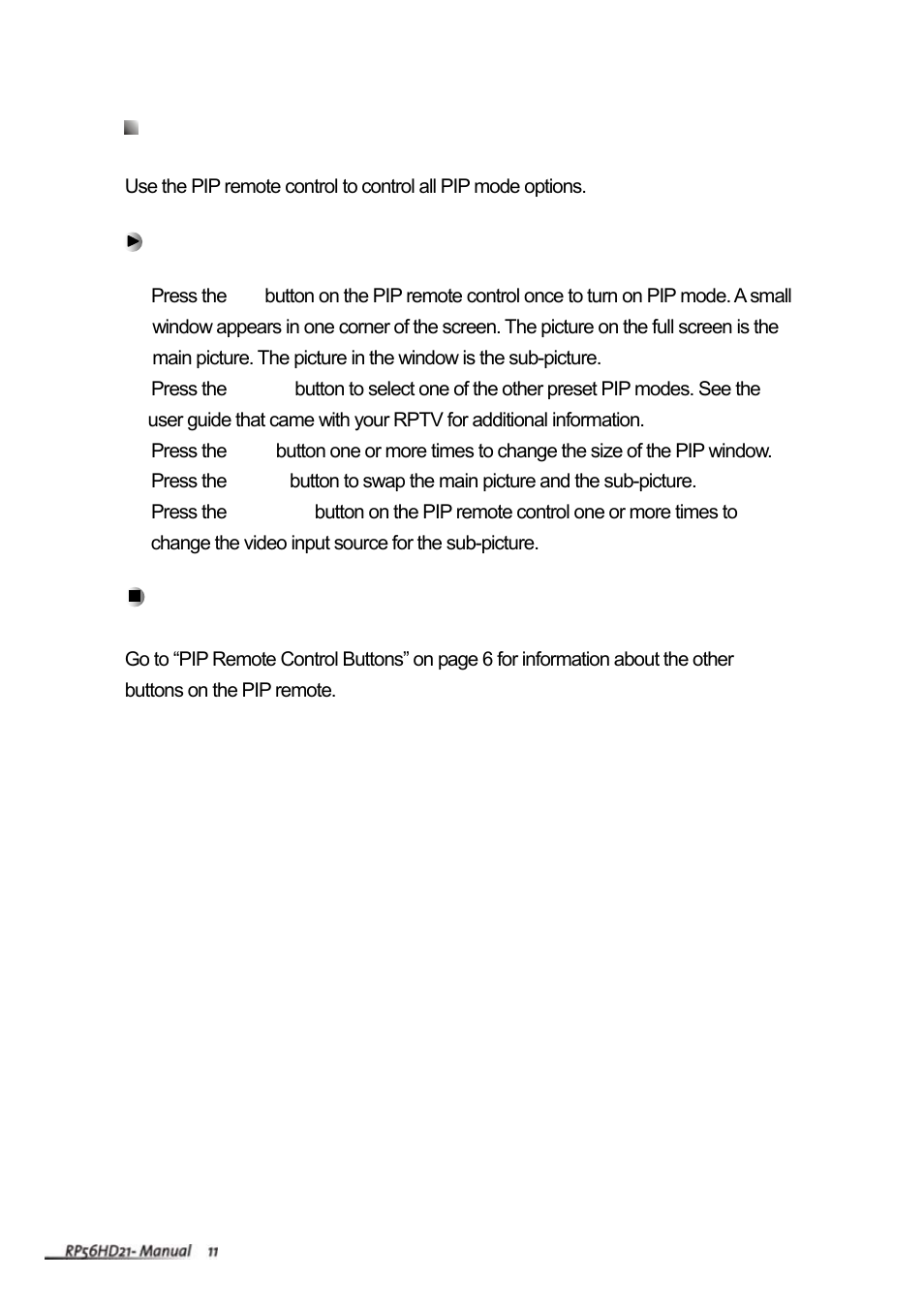 Using the pip remote control (optional) | Vivitek RP56HD21-A User Manual | Page 13 / 38