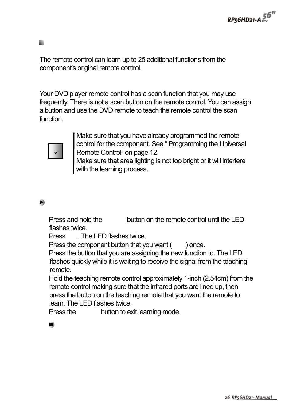 Teaching the remote control new functions | Vivitek RP56HD21-A User Manual | Page 28 / 38