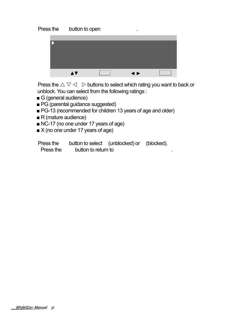 7press the ok button to open mpaa rating | Vivitek RP56HD21-A User Manual | Page 33 / 38