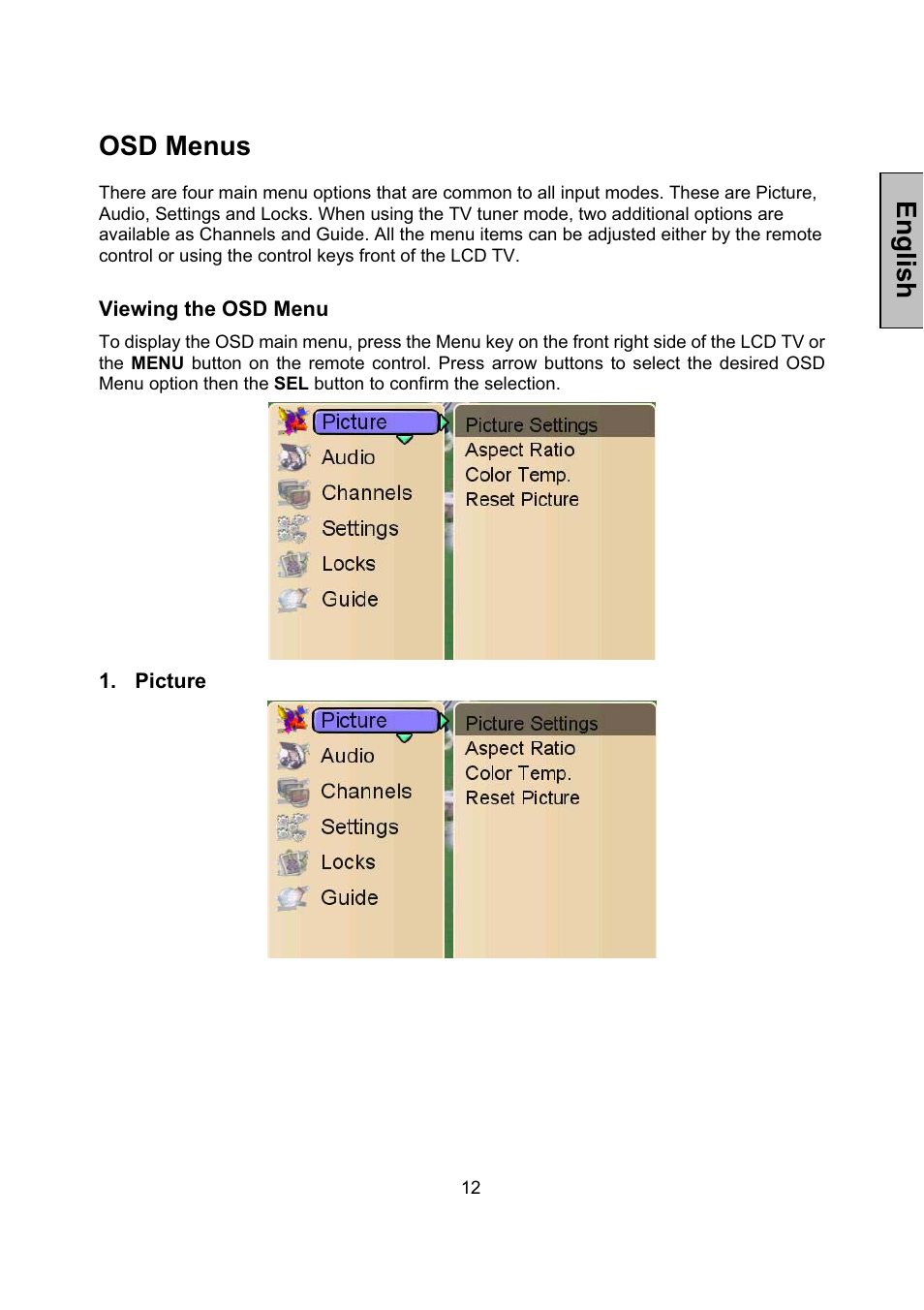 English osd menus | Vivitek LCD-TV User Manual | Page 14 / 46