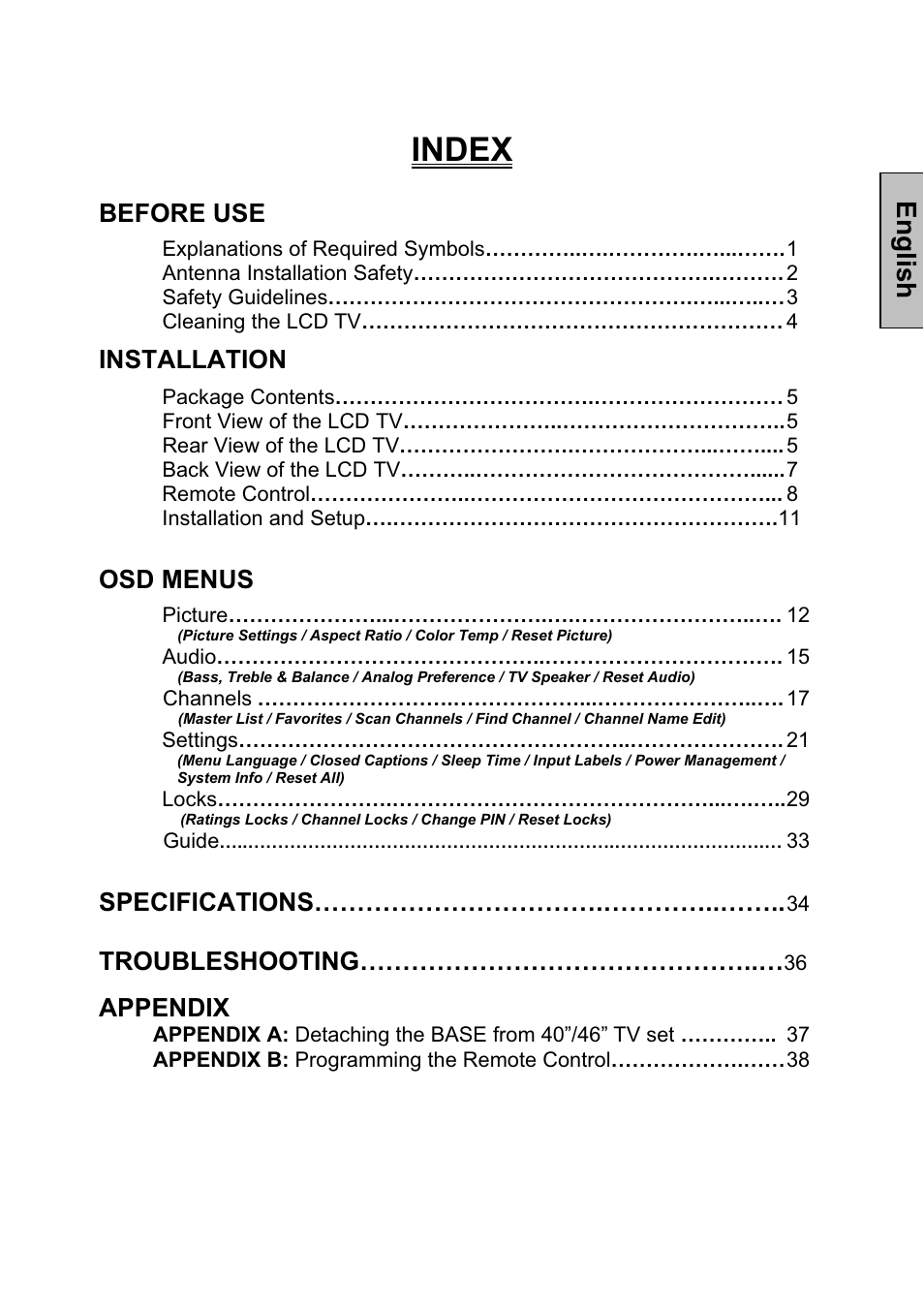 Index, English, Before use | Installation, Osd menus, Specifications, Troubleshooting, Appendix | Vivitek LCD-TV User Manual | Page 2 / 46