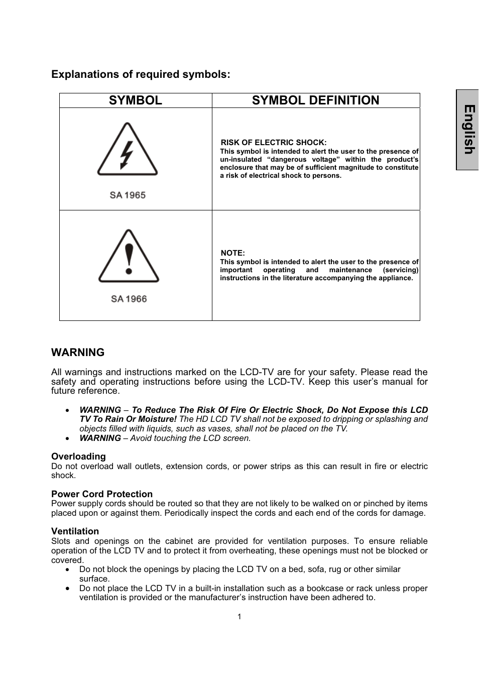 English, Symbol symbol definition | Vivitek LCD-TV User Manual | Page 3 / 46