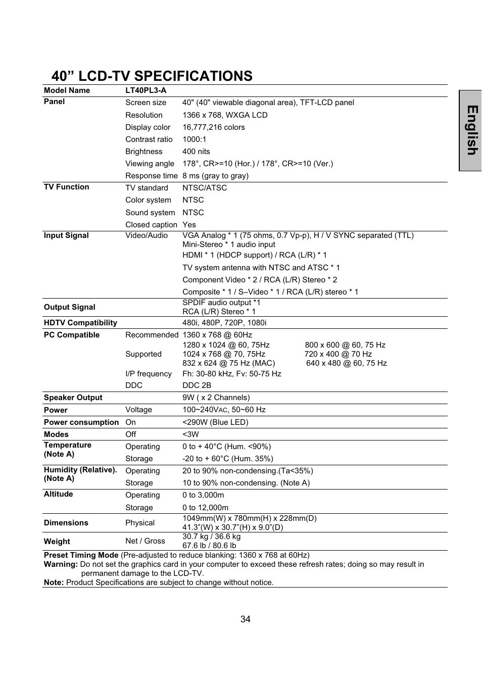 English 40” lcd-tv specifications | Vivitek LCD-TV User Manual | Page 36 / 46