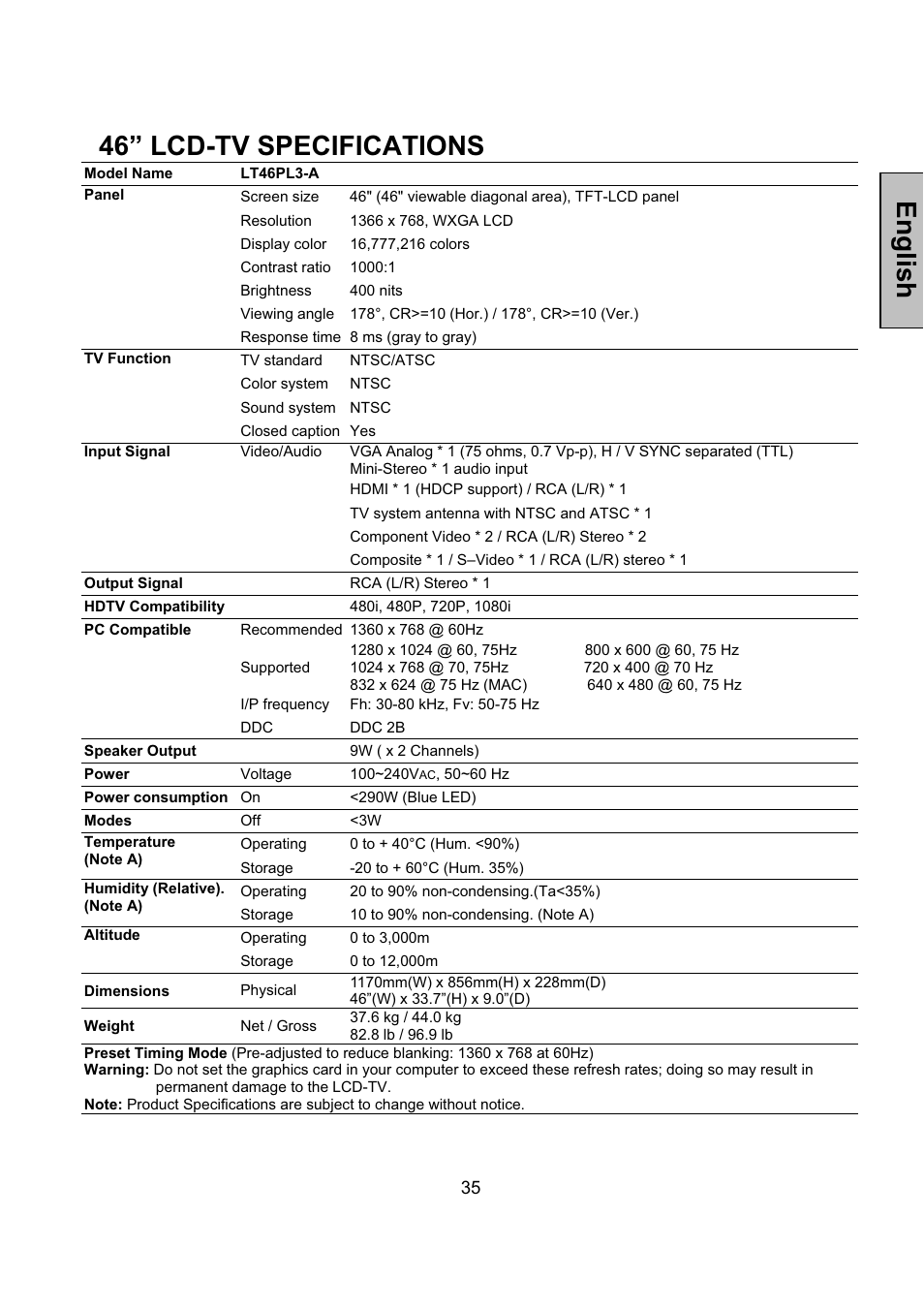 English 46” lcd-tv specifications | Vivitek LCD-TV User Manual | Page 37 / 46