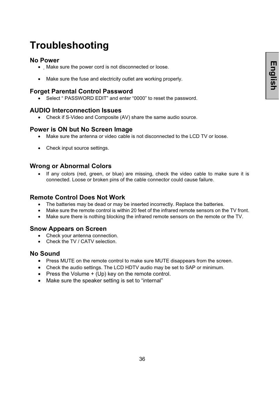 Troubleshooting, English | Vivitek LCD-TV User Manual | Page 38 / 46