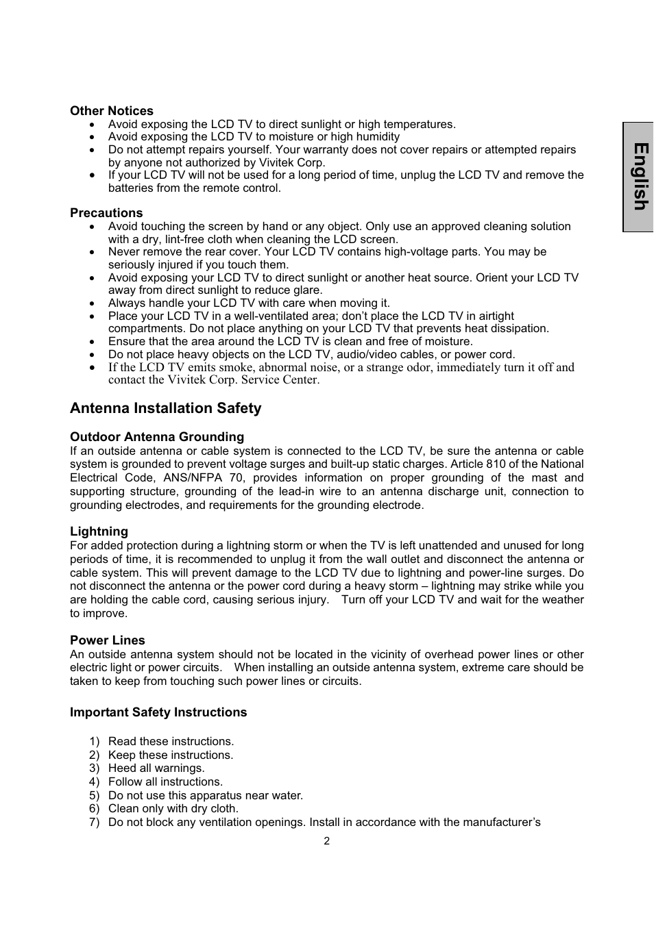 English | Vivitek LCD-TV User Manual | Page 4 / 46