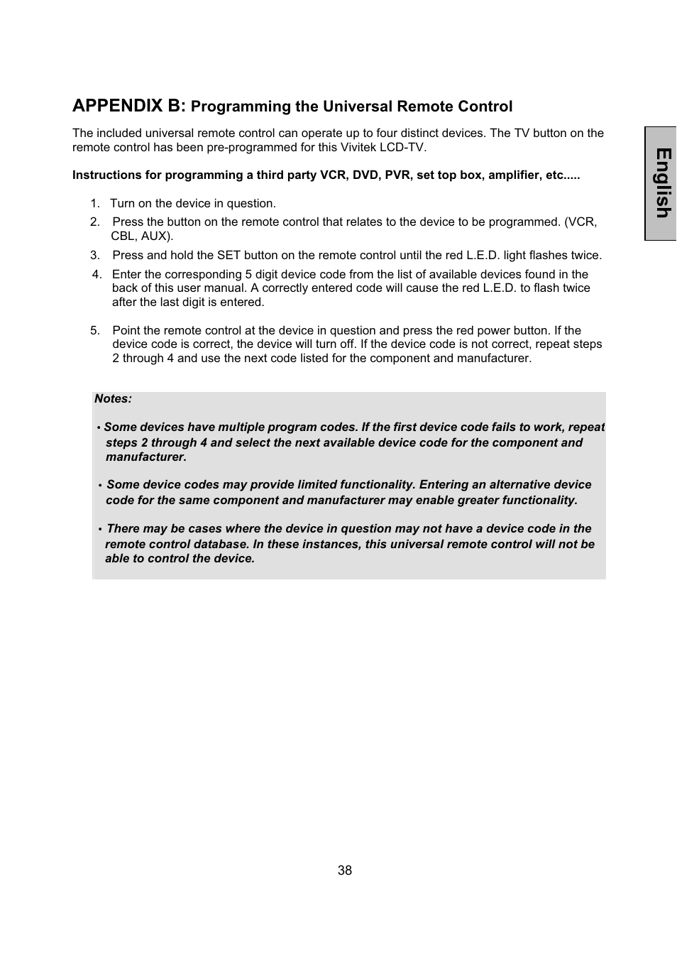 English, Appendix b | Vivitek LCD-TV User Manual | Page 40 / 46