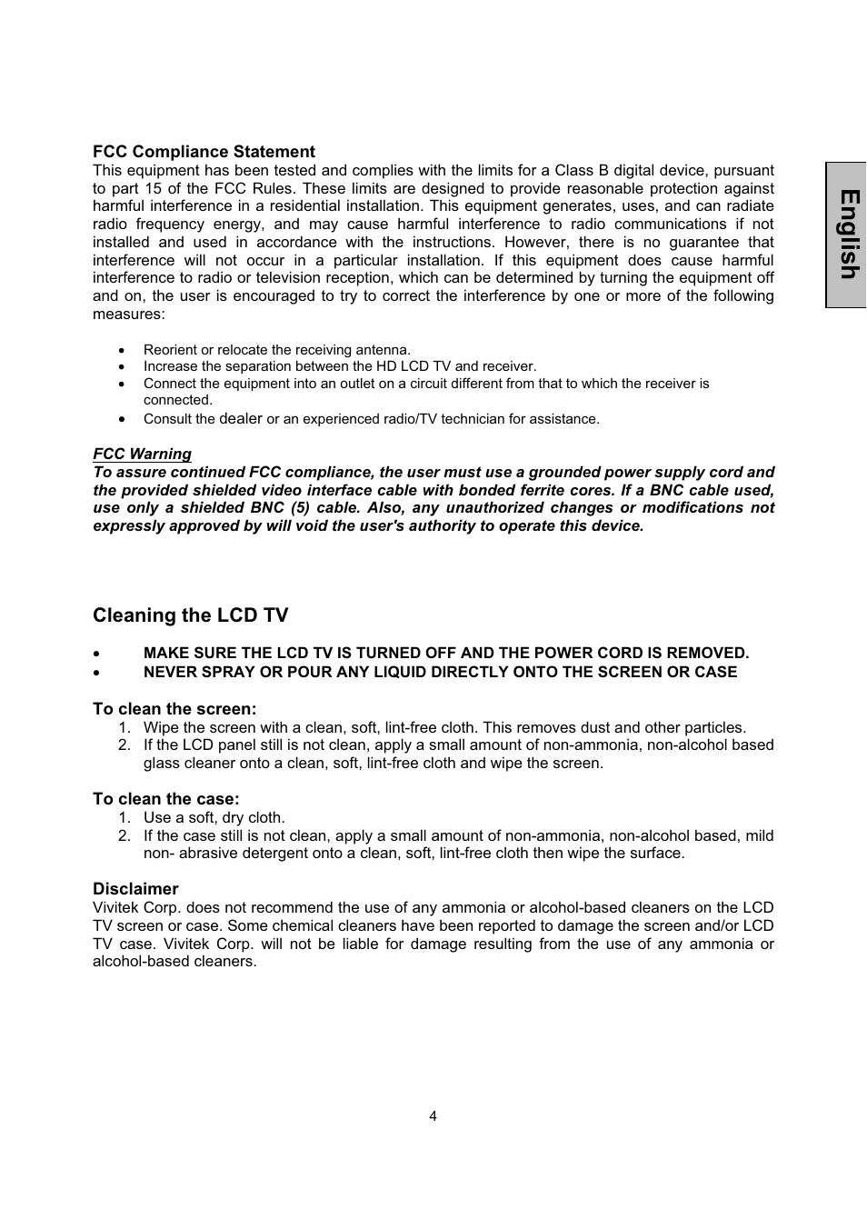 English, Cleaning the lcd tv | Vivitek LCD-TV User Manual | Page 6 / 46