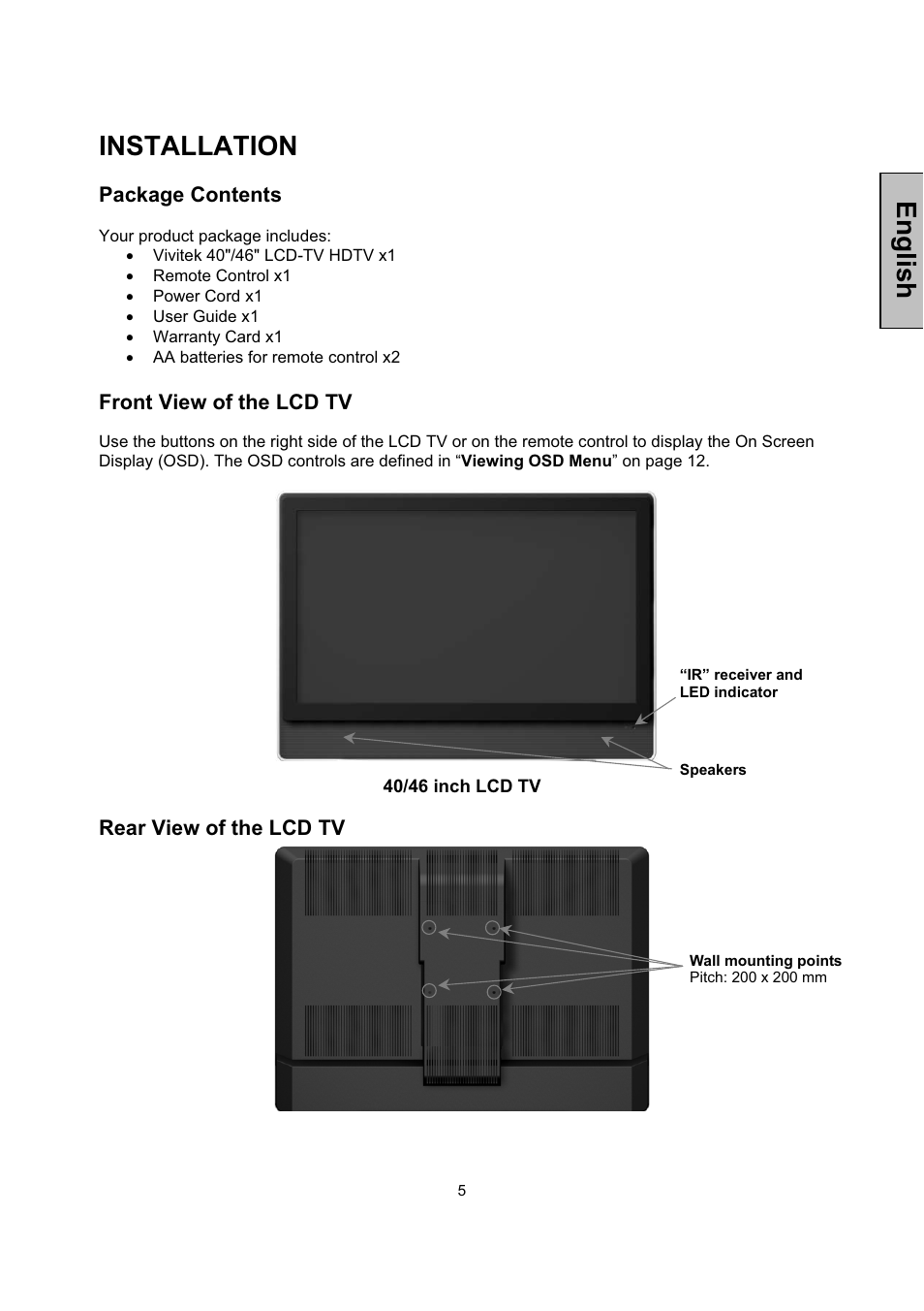 English, Installation | Vivitek LCD-TV User Manual | Page 7 / 46