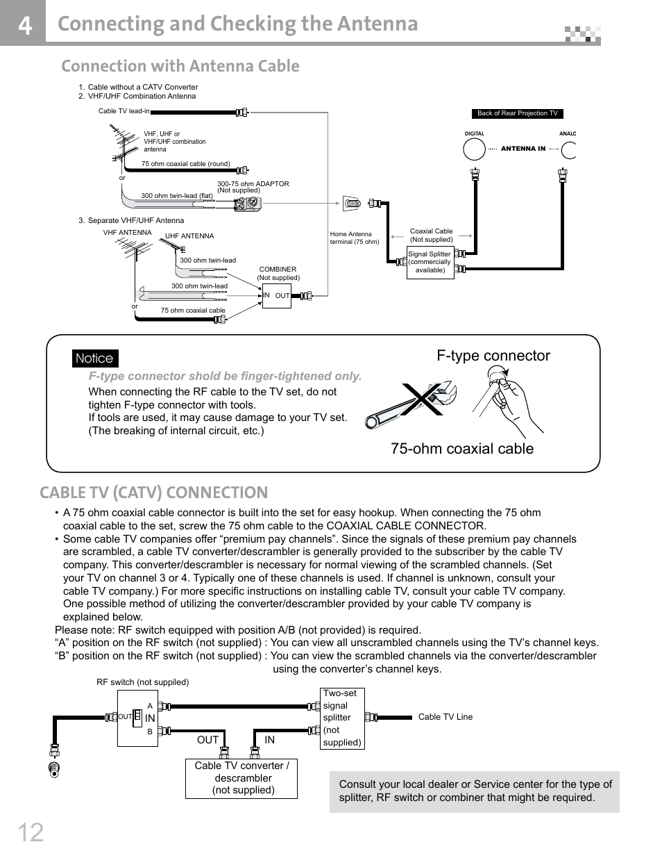 Connecting and checking the antenna, Cable tv (catv) connection, Connection with antenna cable | Ohm coaxial cable f-type connector | Vivitek DVR5612 User Manual | Page 13 / 47