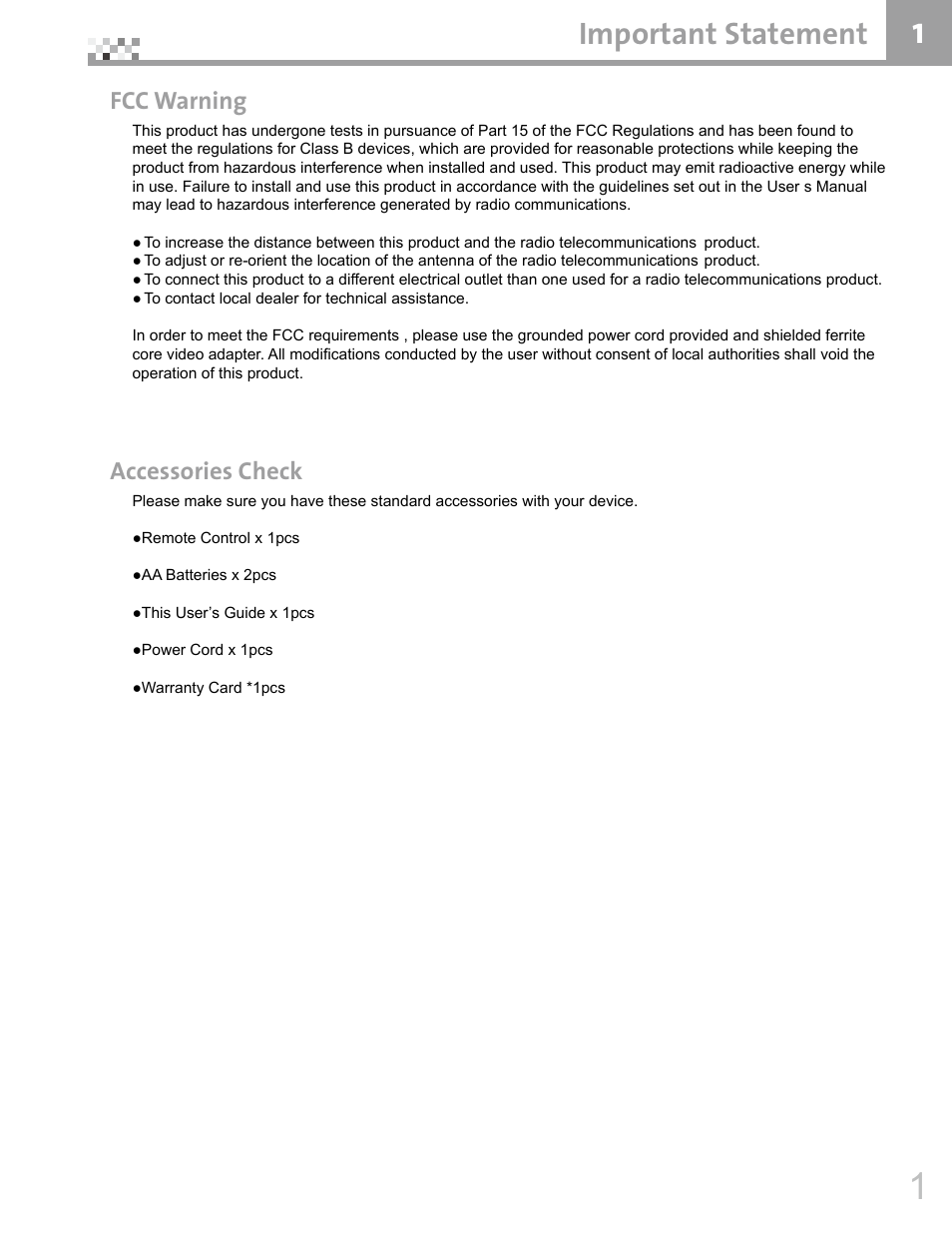 Important statement, Fcc warning, Accessories check | Vivitek DVR5612 User Manual | Page 2 / 47