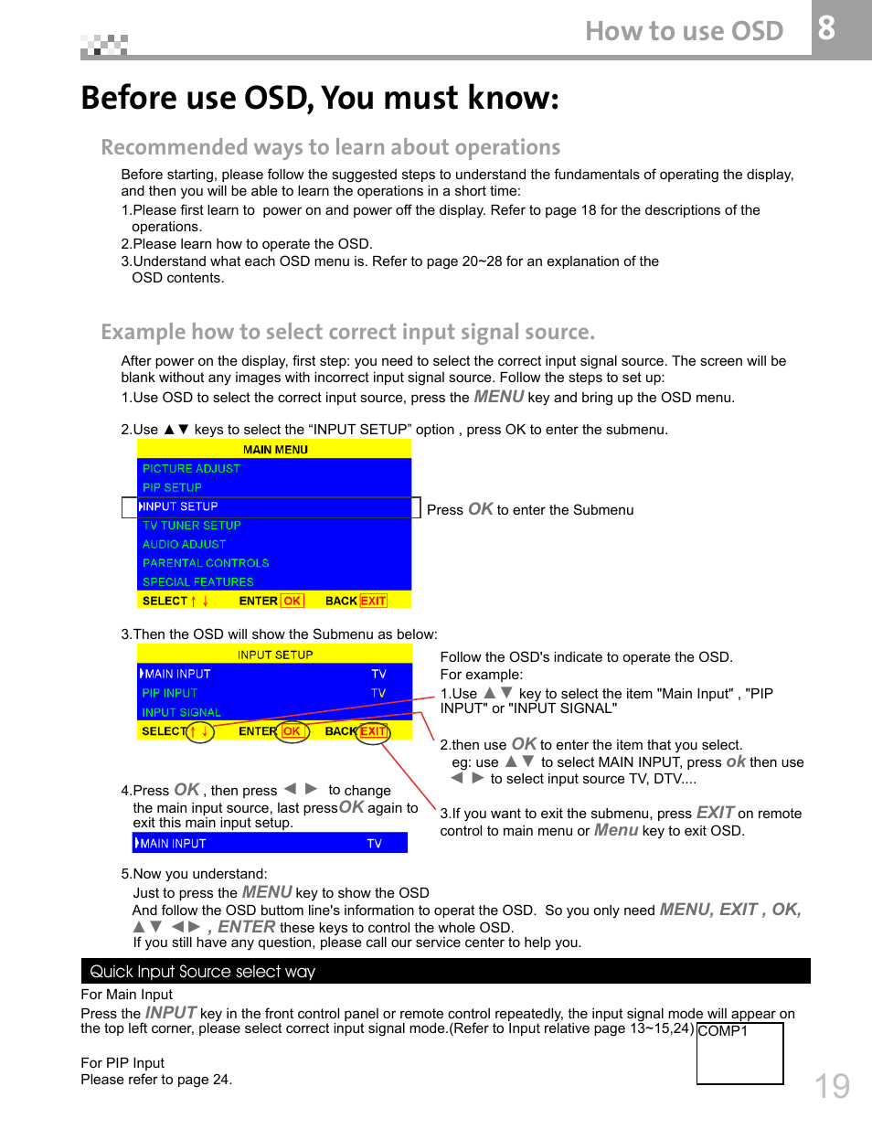 8before use osd, you must know, How to use osd, Recommended ways to learn about operations | Example how to select correct input signal source | Vivitek DVR5612 User Manual | Page 20 / 47