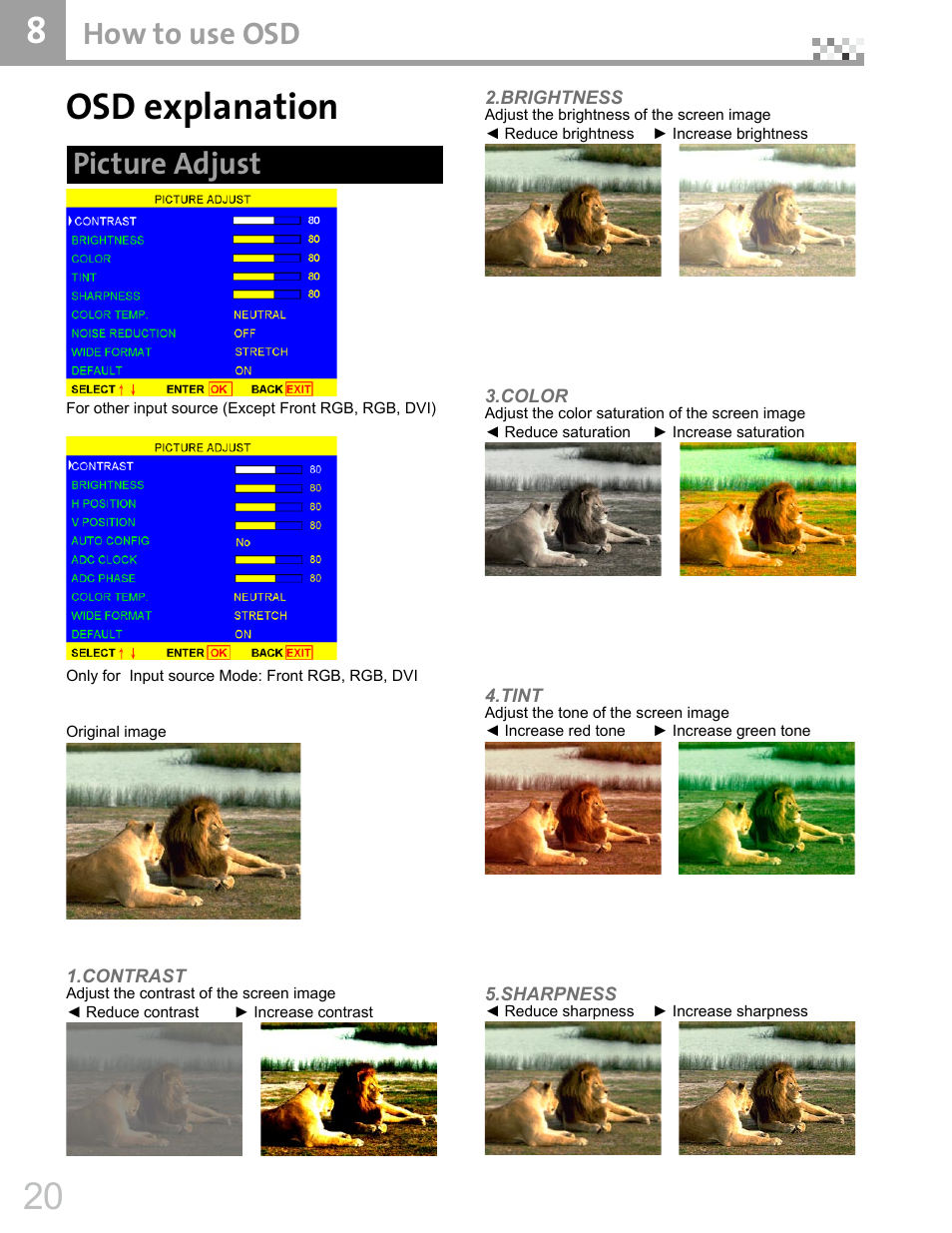 Osd explanation, How to use osd, Picture adjust | Vivitek DVR5612 User Manual | Page 21 / 47