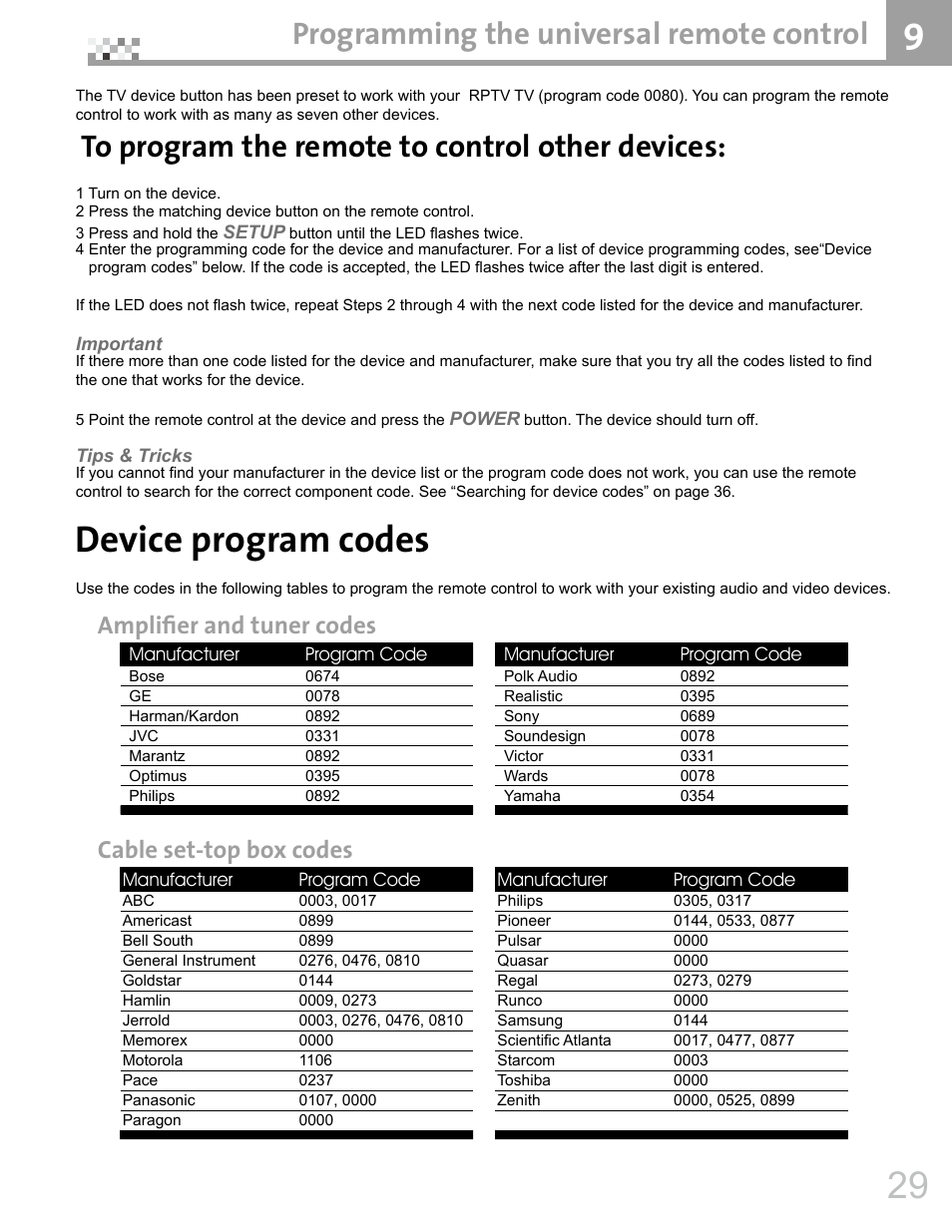 Device program codes, Programming the universal remote control, Amplifier and tuner codes | Cable set-top box codes | Vivitek DVR5612 User Manual | Page 30 / 47