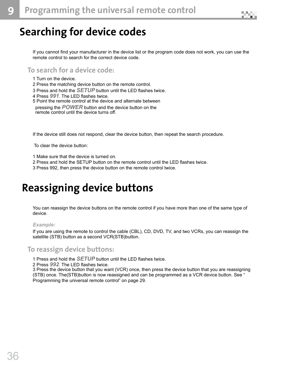 Searching for device codes, Reassigning device buttons, Programming the universal remote control | Vivitek DVR5612 User Manual | Page 37 / 47